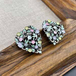 Vintage Silver Filigree Painted Flowers Heart Clip-on Earrings Puffy 1 3/8